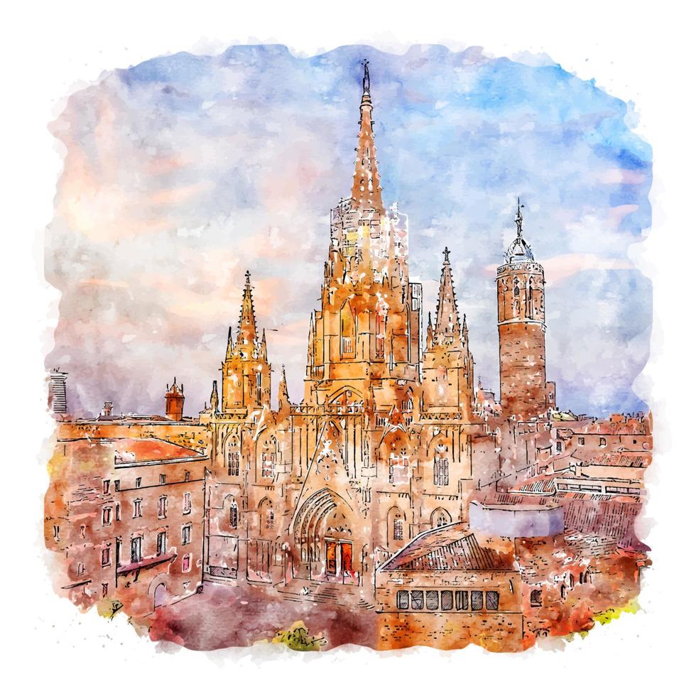 Barcelona Cathedral Watercolor sketch hand drawn illustration vector