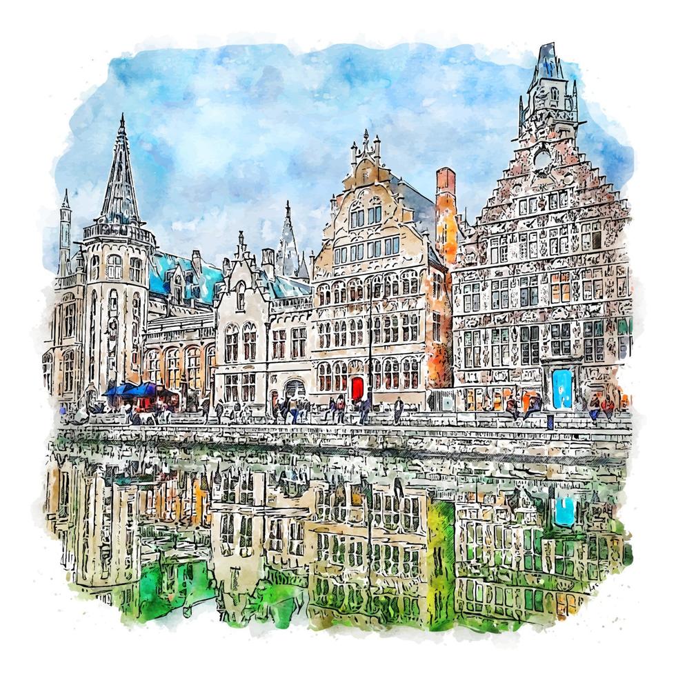 Ghent Belgium Watercolor sketch hand drawn illustration vector