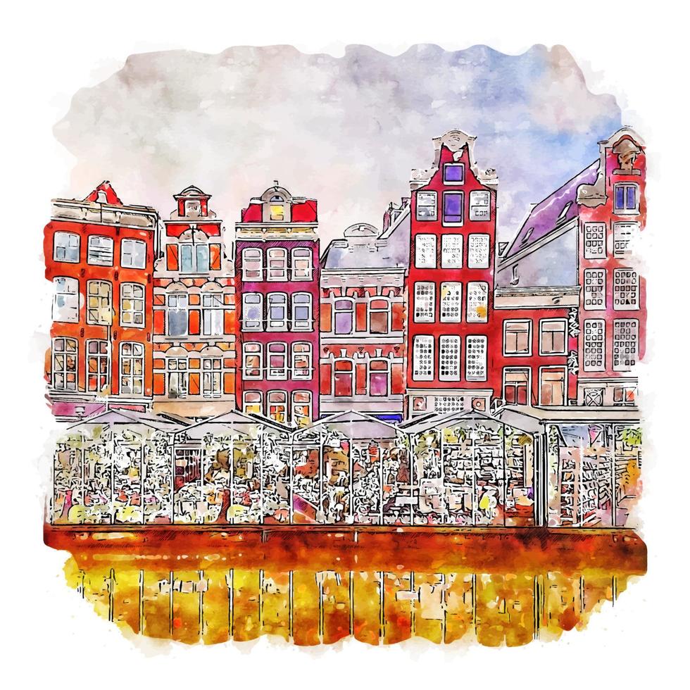 Amsterdam Netherland Watercolor sketch hand drawn illustration vector