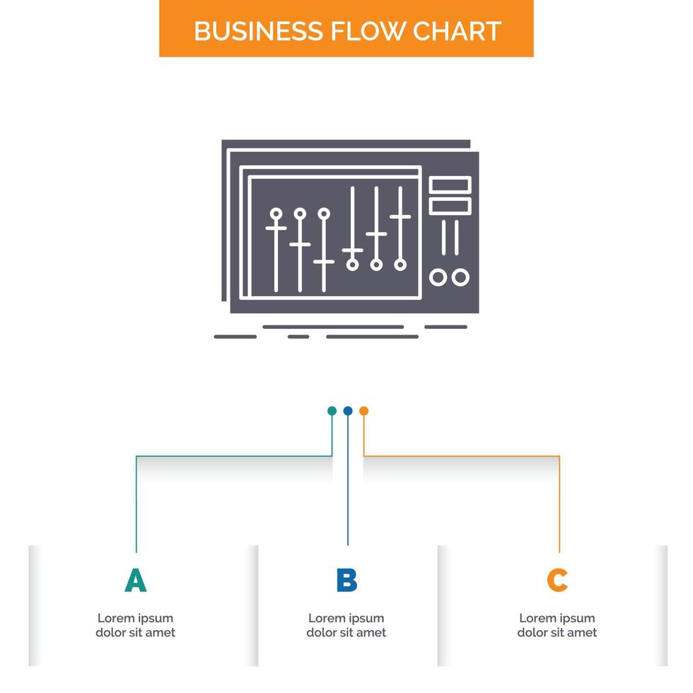 consola. DJ. mezclador. música. diseño de diagrama de flujo de negocios de estudio con 3 pasos. icono de glifo para el lugar de plantilla de fondo de presentación para texto. vector