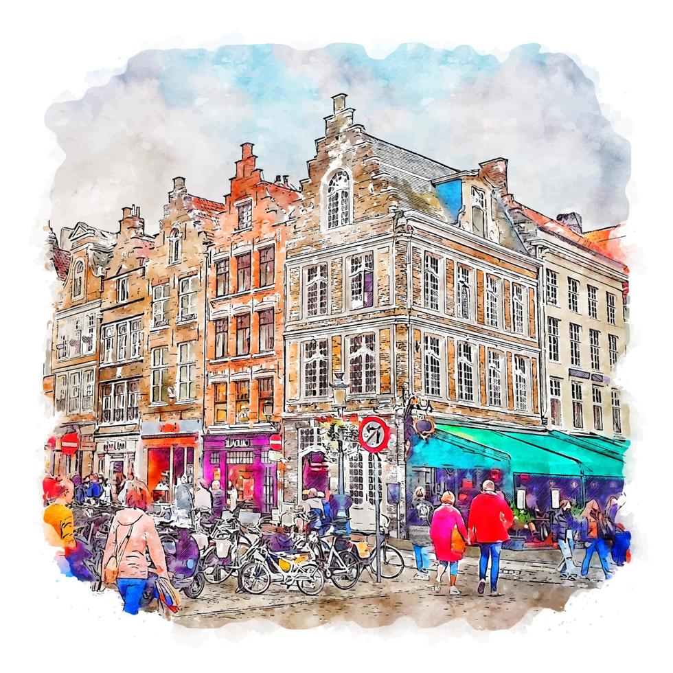 Brugge Belgium Watercolor sketch hand drawn illustration vector