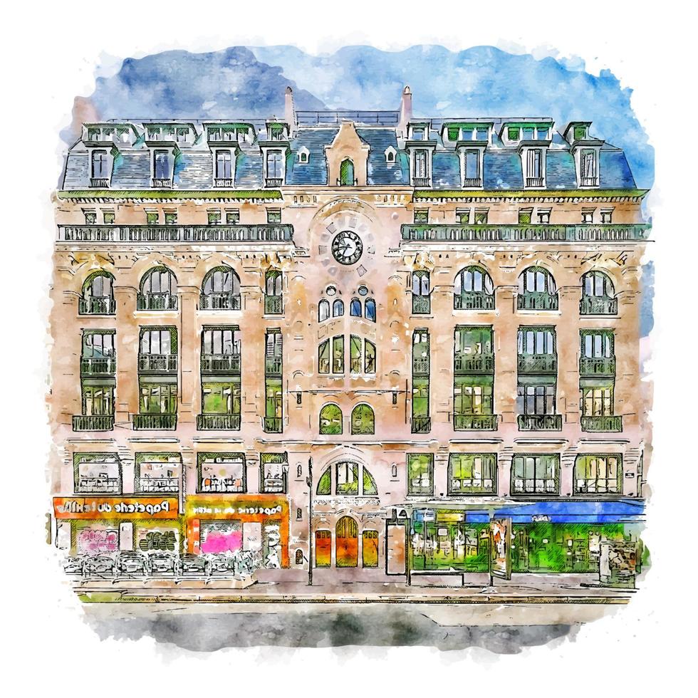 Architecture France Watercolor sketch hand drawn illustration vector