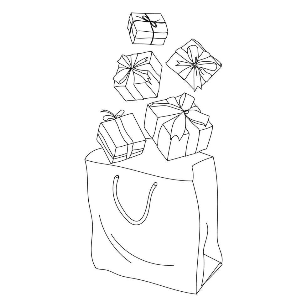 Shopping bag with gift boxes line drawing isolated on white background.Vector illustration with flying gift boxes in a shopping bag black and white sketch vector