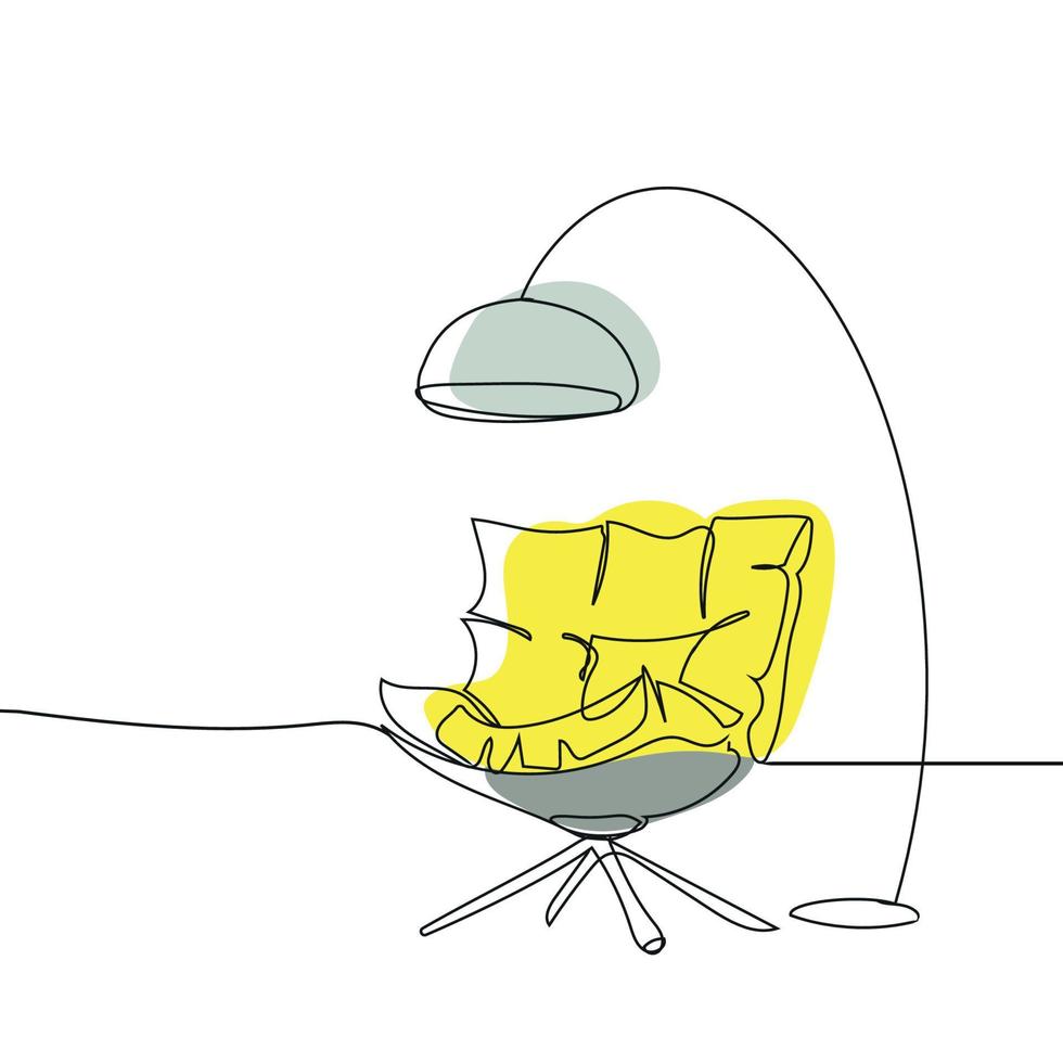 muebles modernos. sillón silla y dibujo de revestimiento de lámpara de piso, diseño de vector de línea continua. estilo de diseño minimalista sala de estar interior ilustración aislada. diseño de plantilla con sillón a