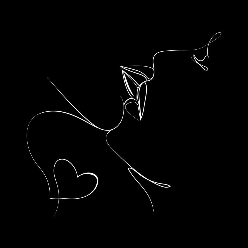 Lovers couple kissing Minimal art Face drawing Vector illustration on black background.Line Art Abstract Men and woman kissing.Couple print, Kiss print,Valentines Day Illustration.