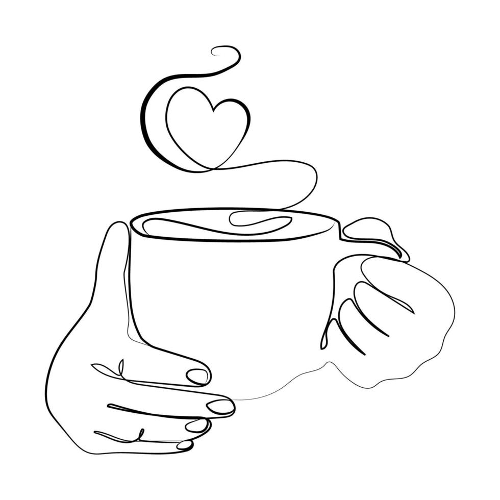taza de bebida caliente con forma de corazón de vapor en las manos, logotipo, emblema, plantilla de impresión de moda, dibujo lineal en ilustración vectorial de estilo minimalista. manos con una taza de té o dibujo de boceto de café fragante vector