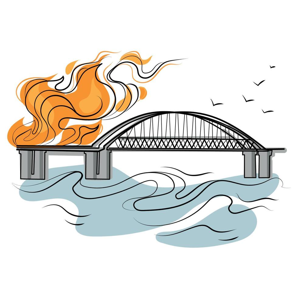 The Crimean bridge is on fire vector line art abstract illustration on a white background.Kerch bridge destroyed,explosion of the bridge.Ukrainian Russian war.