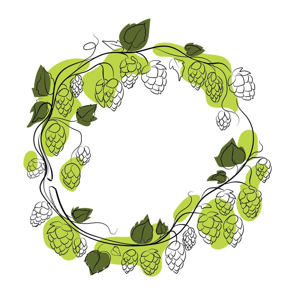 Hops wreath frame with green shapes hand drawn branches with leaves and cones vector isolated illustration.Hops design element for label,label,logo template with place for text