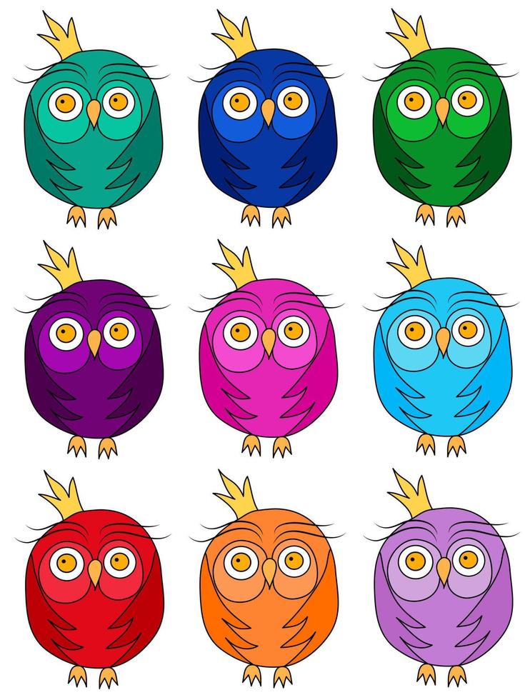 conjunto de búhos coloridos en estilo garabato. diseño de avatares. elemento de diseño dibujo de niños ilustración vectorial aislada sobre fondo transparente vector