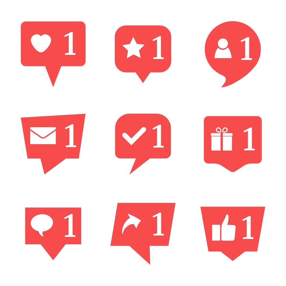 Set of nine notifications in social media. Heart, star, follower, message, check, gift, comment, like, repost. Vector illustration.