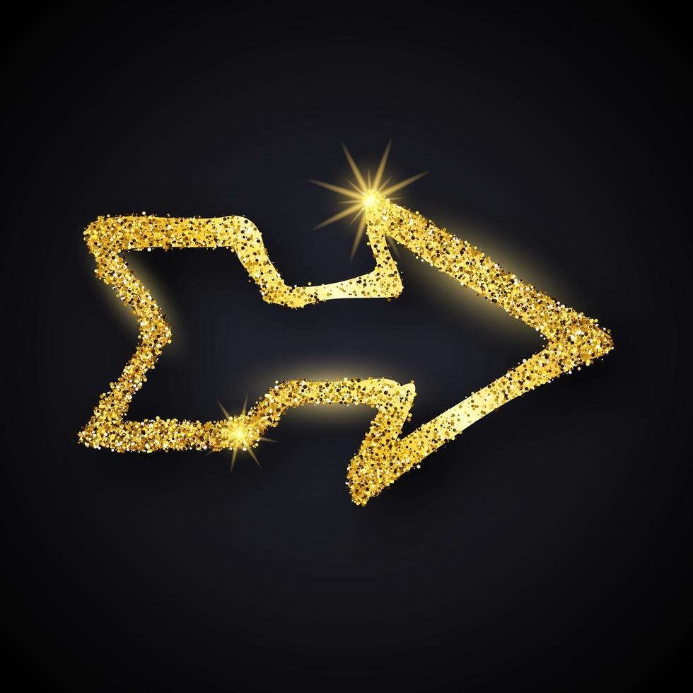 Gold glitter hand drawn arrow. Doodle arrow with gold glitter effect on dark background. Vector illustration