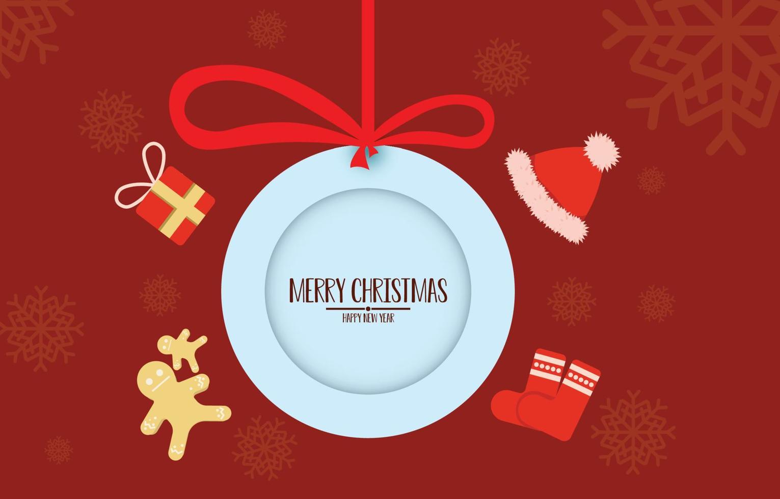 etiqueta colgante circular con mensaje feliz navidad y feliz año nuevo. fondo con regalo decorado, ilustración vectorial de invierno vector