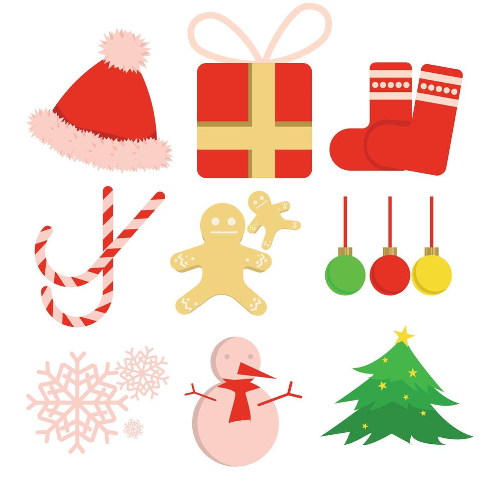 iconos planos del festival de Navidad. aislado sobre fondo blanco. concepto de decoraciones y disfraces navideños. vector de ilustración de dibujos animados lindo invierno