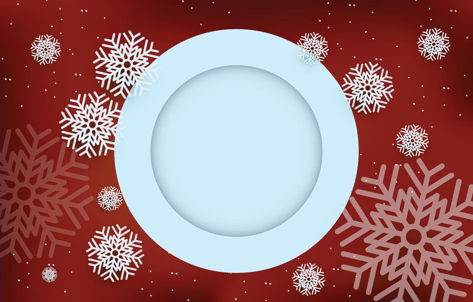 Dark red background with blank circle frame decorated with snowflakes, vector illustration of winter christmas and new year.