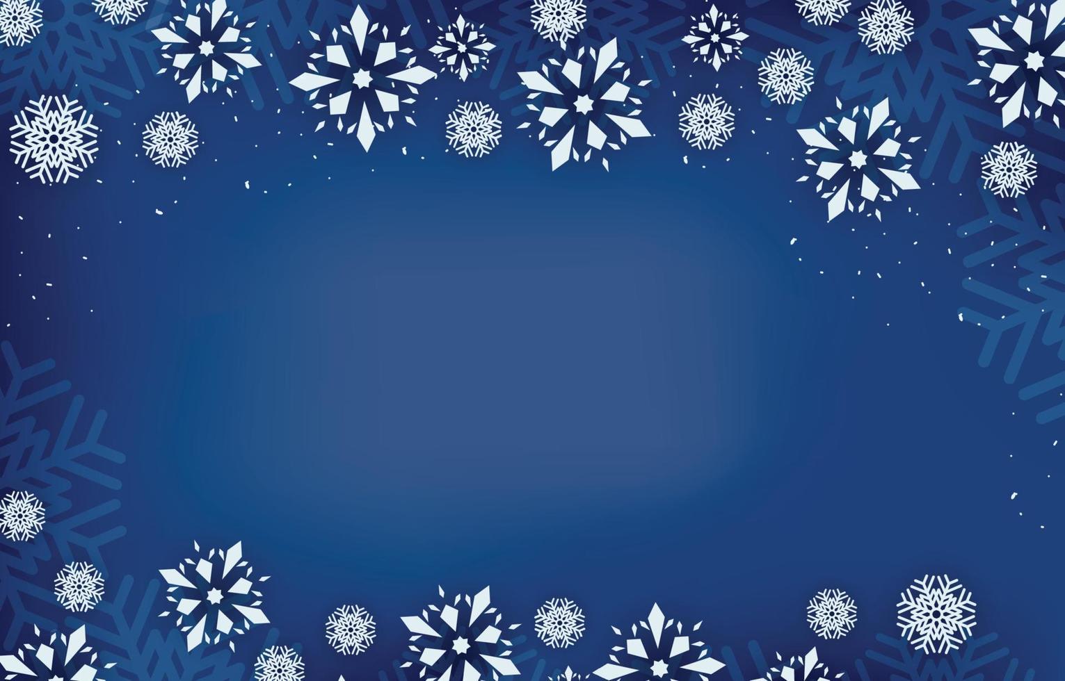 fondo azul oscuro con marco en blanco decorado con copos de nieve, ilustración vectorial de invierno navidad y año nuevo. vector