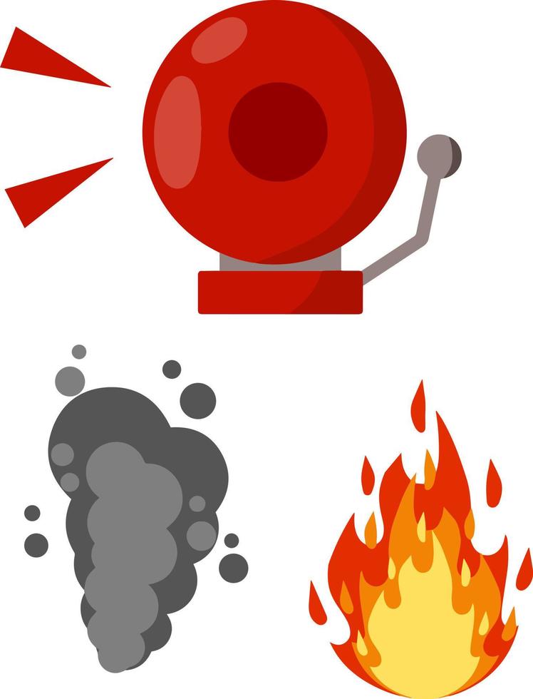 Fire safety. Set of items-Alarm siren ring, smoke sensor, flame. Dangerous situation. Accident protection. alert and problem. Cartoon flat illustration vector