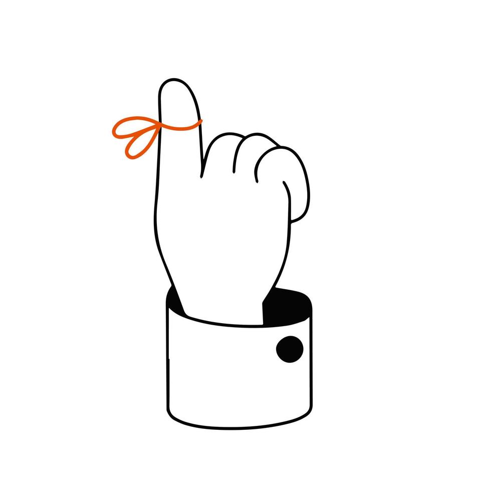 Reminder on finger. Red string around the forefinger. Sketch doodle outline black and white cartoon isolated on white vector