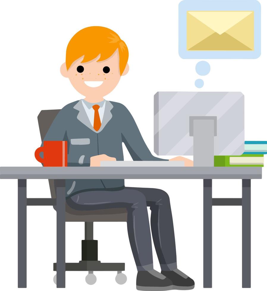 Young man sit at table with computer and receives letter. e-mail in messenger. Cartoon flat illustration. Work in office. postal envelope in bubble, chat with friends on Internet vector