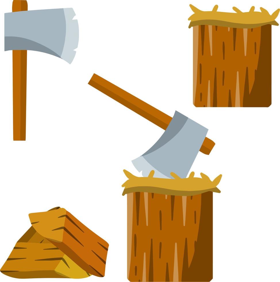 Chopping. Logger axe and log. Timber harvesting. Fuel wood. Lumberjack and woodcutter element. Set of tools. Cartoon flat illustration vector