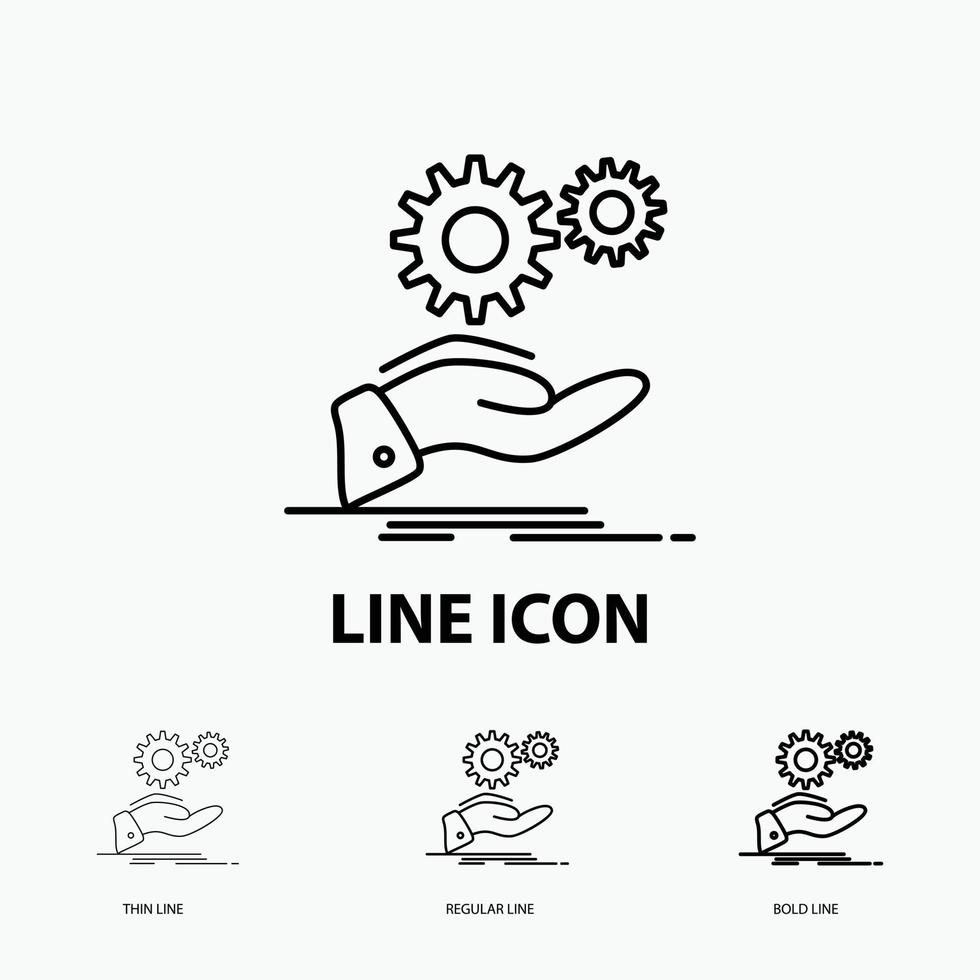 solution. hand. idea. gear. services Icon in Thin. Regular and Bold Line Style. Vector illustration