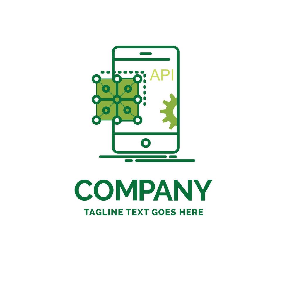 API. solicitud. codificación. desarrollo. plantilla de logotipo de empresa plana móvil. diseño creativo de marca verde. vector