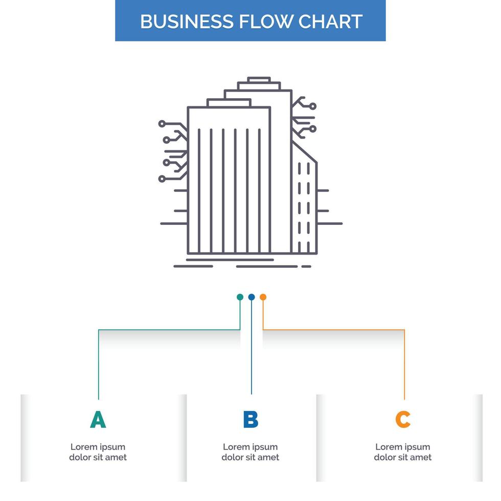Building. Technology. Smart City. Connected. internet Business Flow Chart Design with 3 Steps. Line Icon For Presentation Background Template Place for text vector