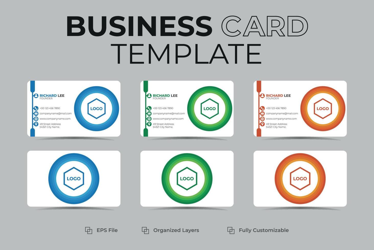 Creative double-sided business Card template in landscape orientation. orange, blue, and green colors horizontal layout stationery design modern flat design vector illustration.