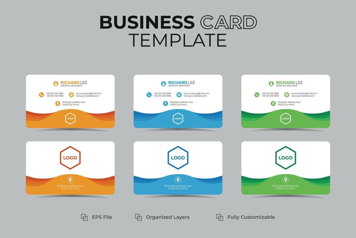 Creative double-sided business Card template in landscape orientation. orange, blue, and green colors horizontal layout stationery design modern flat design vector illustration.