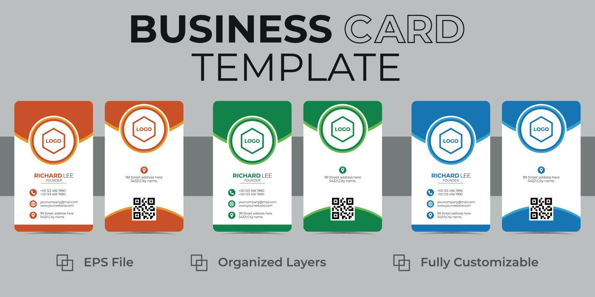 Creative double-sided business Card template in landscape orientation. orange, blue, and green colors horizontal layout stationery design modern flat design vector illustration.