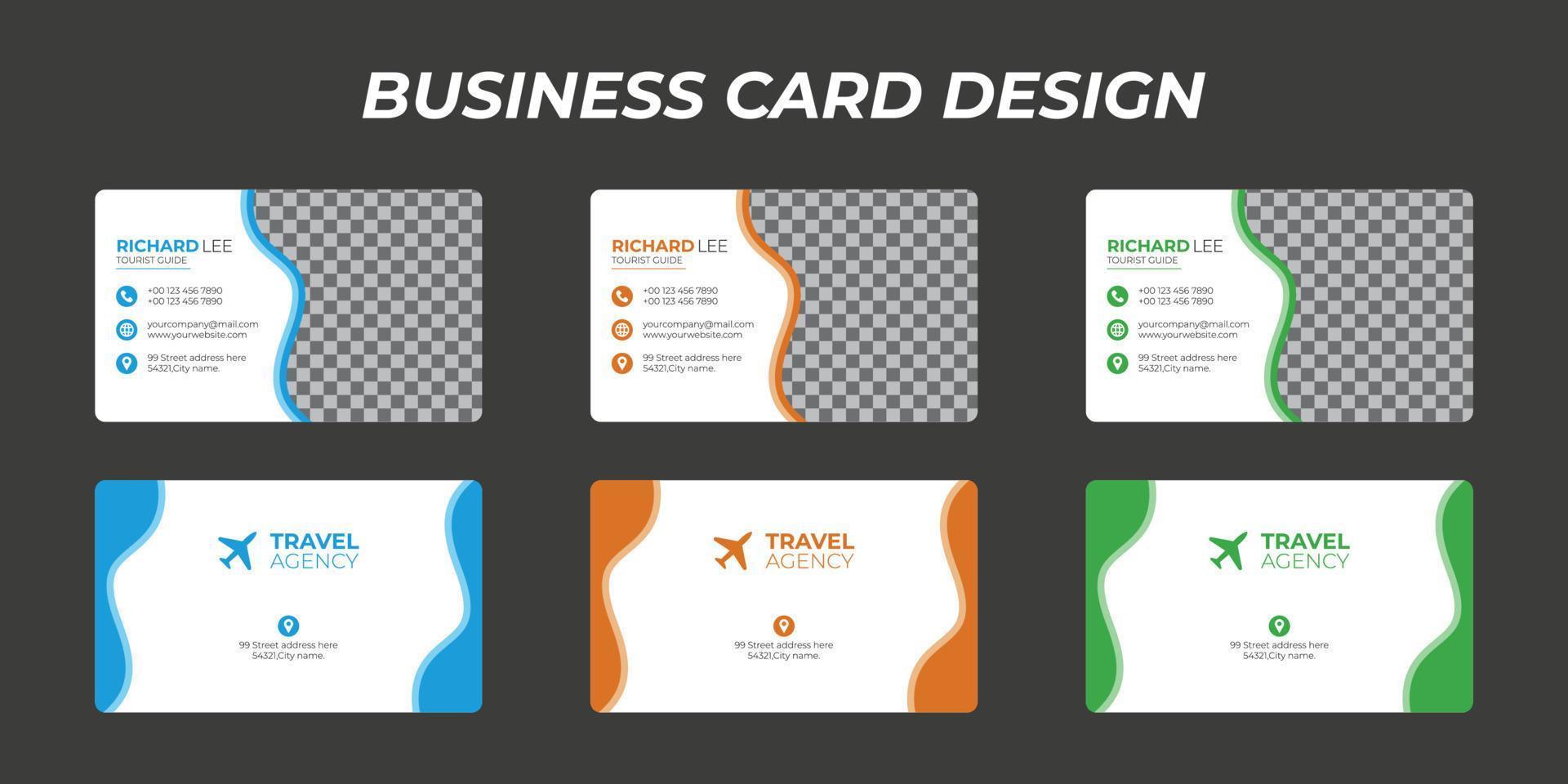 Creative double-sided business Card template in landscape orientation. orange, blue, and green colors horizontal layout stationery design modern flat design vector illustration.