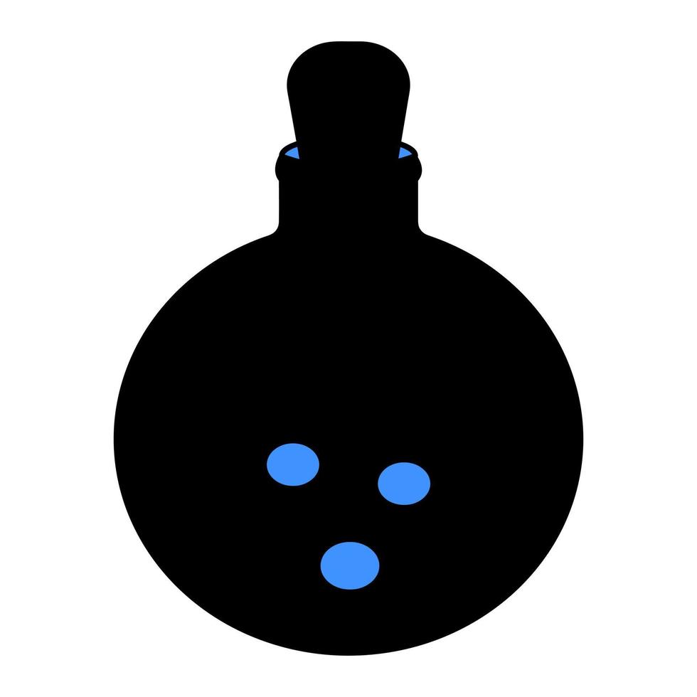 A bottle of magic potion. Silhouette. Vector illustration. Witch decoction in a round bottle. Blue bubbles are flying upwards. The vessel is tightly sealed with a stopper. Halloween symbol.