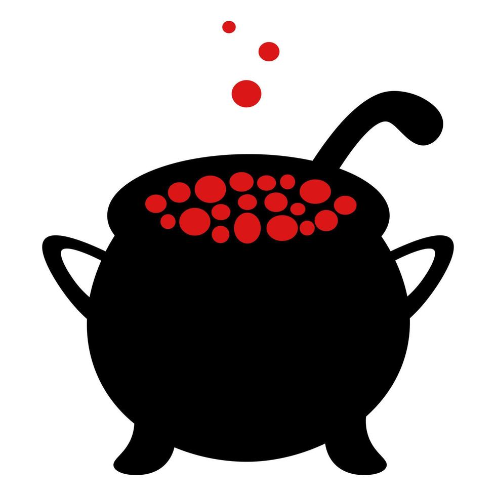 A pot of boiling potion. Silhouette. Bubbles of red color fly upwards.  Witch brew in a metal pot. Halloween symbol.  All Saints Day. Cauldron for cooking broth. Large saucepan. Kitchen tools. vector