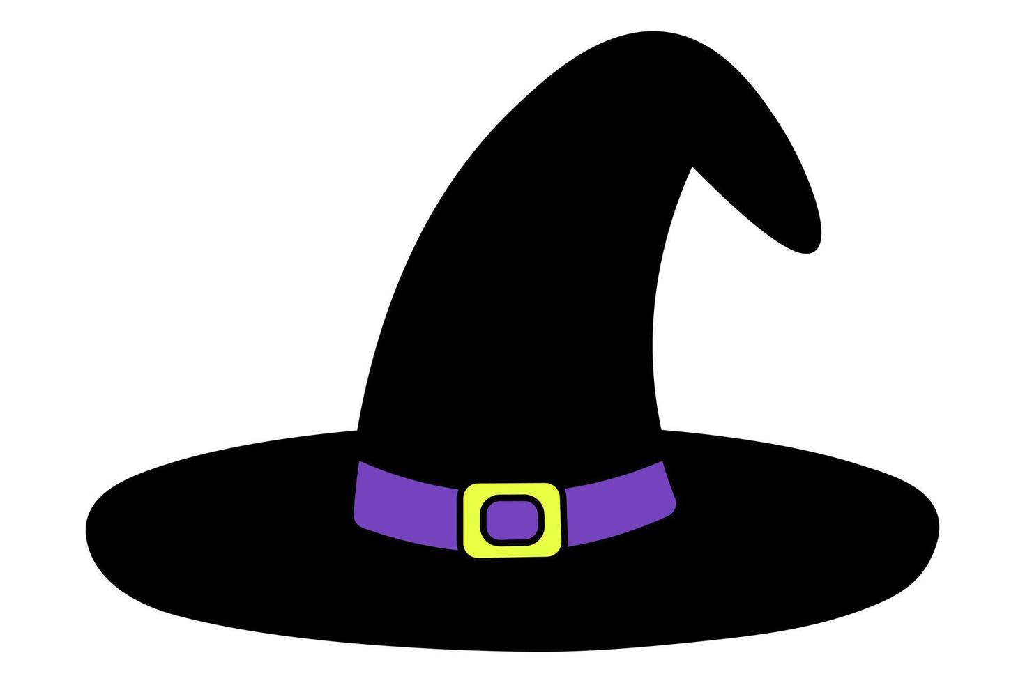 sombrero de bruja. silueta. el fabuloso tocado está adornado con una cinta morada y una hebilla amarilla. vector