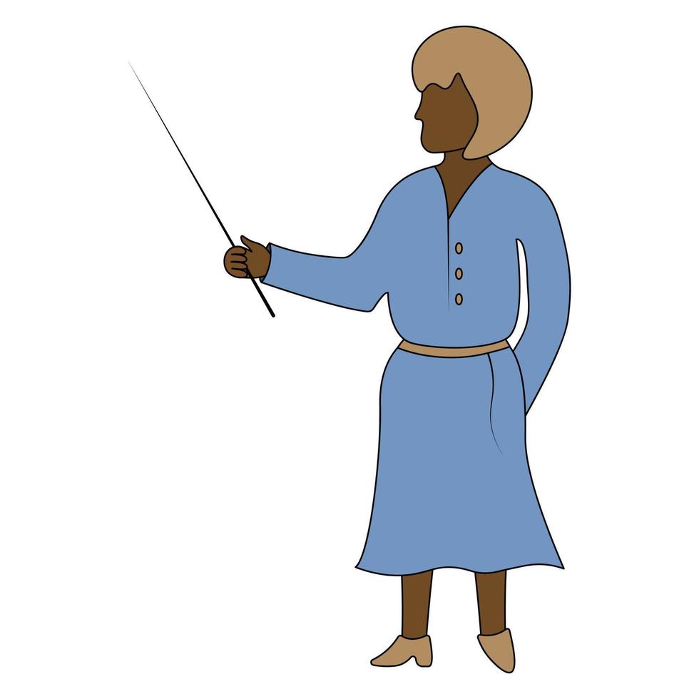 African American teacher in a blue dress leads a lesson at school and holds a pointer in her hands vector