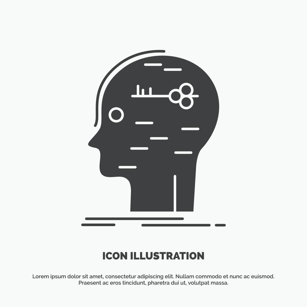 cerebro. cortar a tajos. hackear. llave. icono de la mente. símbolo gris vectorial de glifo para ui y ux. sitio web o aplicación móvil vector