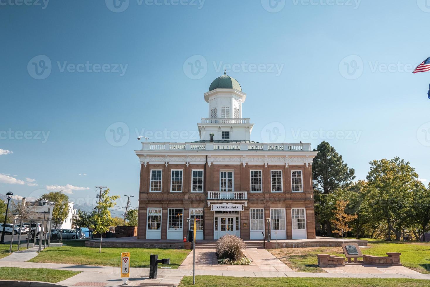 Facade of Salt Lake Council Hall at city with blue sky in background in summer photo