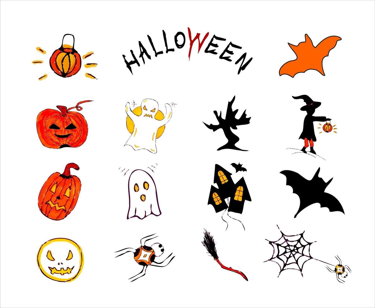 Halloween elements set colored doodle icons holiday supplies vector hand drawn illustration