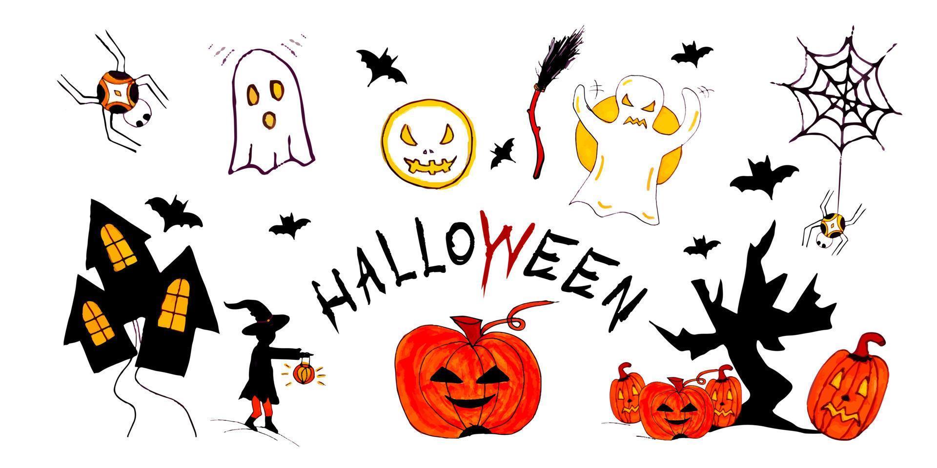 Halloween elements set colored doodle icons holiday supplies vector hand drawn illustration