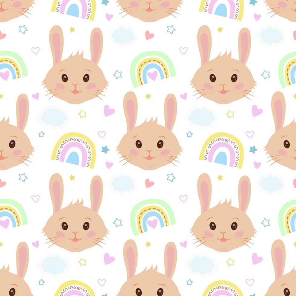 Cute seamless vector pattern with rabbits, hearts, clouds, rainbows and stars. Seamless vector printing on children's fabrics, wallpaper, textiles.