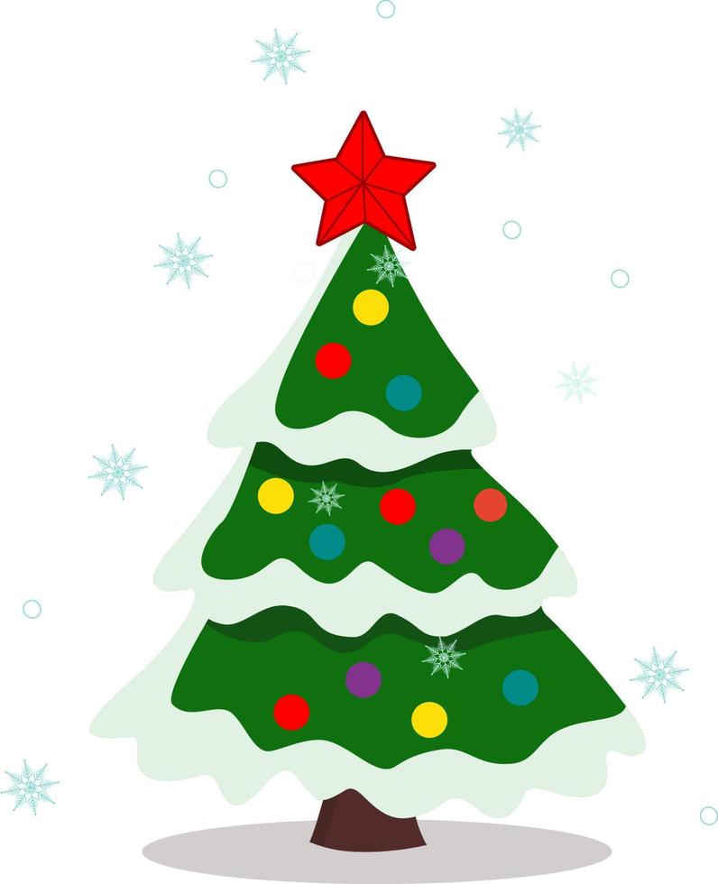 un hermoso y elegante árbol de navidad verde, vestido con brillantes juguetes navideños. los copos de nieve están dando vueltas. ilustración vectorial sobre un fondo blanco. ilustración de navidad. diseño plano moderno. vector