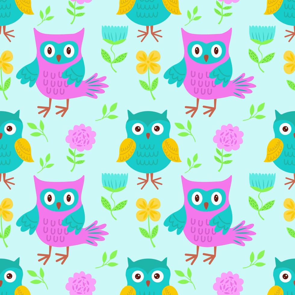 Vector seamless pattern with bright owls. Vector illustration with owls for children. It is used for printing on children's fabrics, packaging, wallpaper, textiles, design.