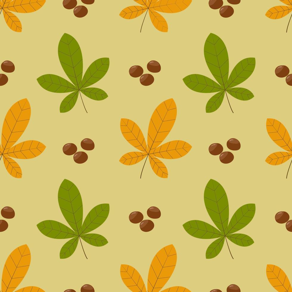 Seamless pattern with autumn leaves and chestnuts. Autumn pattern.A bright, repetitive texture for the autumn season. Design of postcards, prints for wrapping paper, packaging, children is books. vector