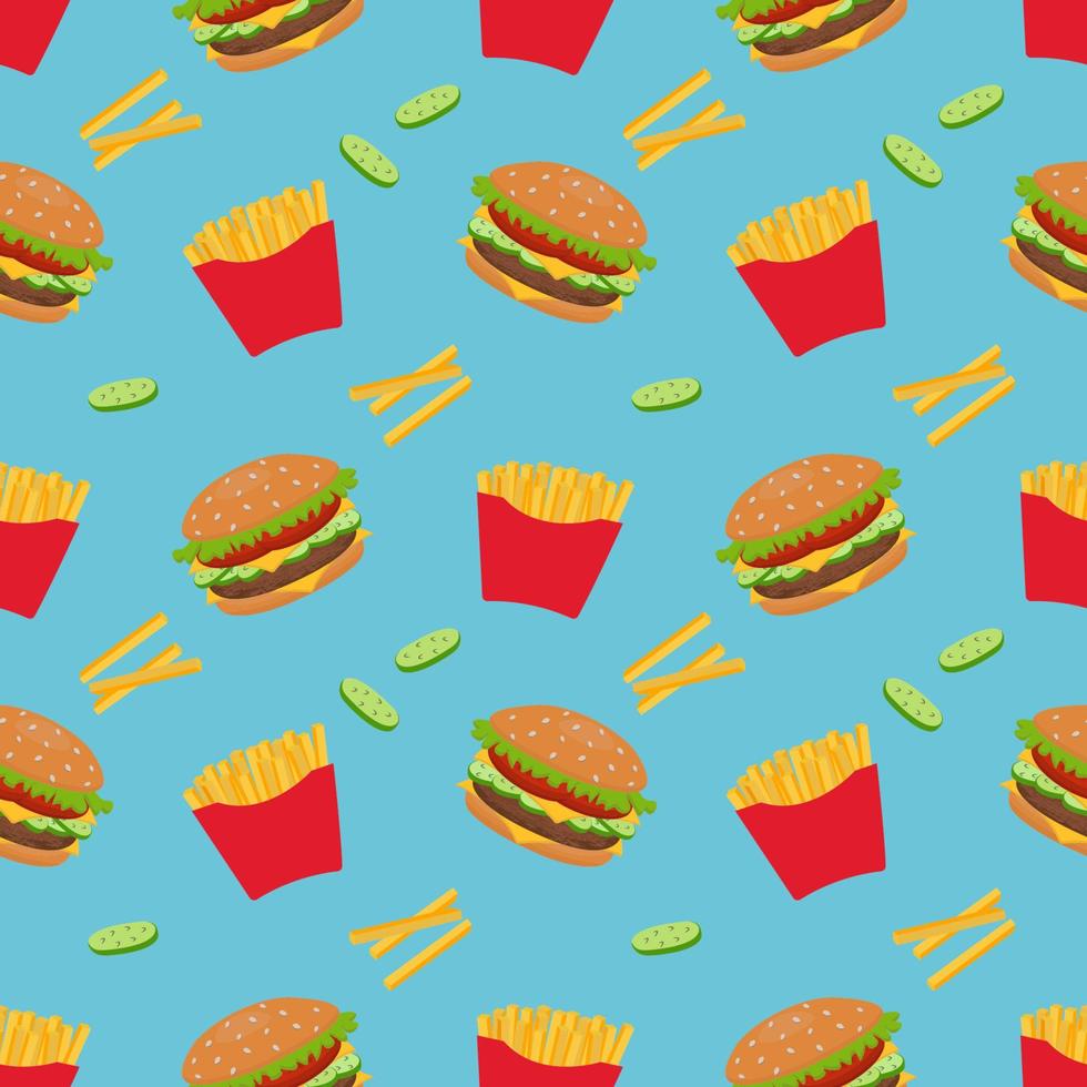 Seamless vector pattern of hamburger and French fries. For printing, wrapping paper, restaurant menus, packaging, books, postcards, magazine covers, web pages, fabrics, textiles, grocery stores.