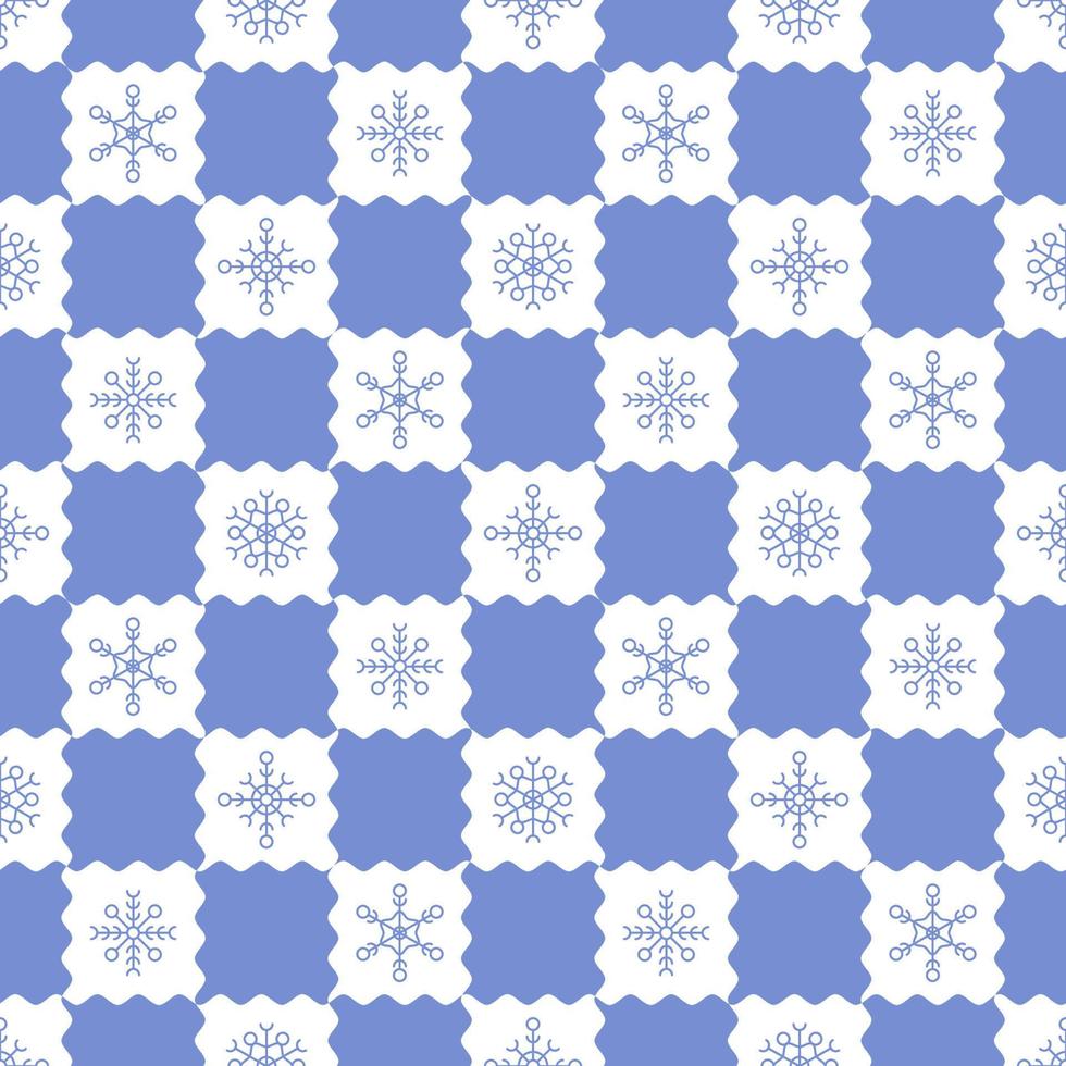 Christmas seamless pattern with snowflakes on chessboard. Y2k groovy psychedelic fun pattern background. Winter pastel blue backdrop for wrapping, wallpaper, print templates, textile, scrapbook paper vector