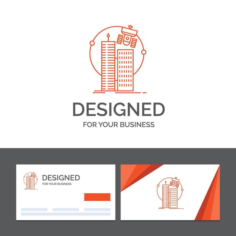 Business logo template for building. smart city. technology. satellite. corporation. Orange Visiting Cards with Brand logo template vector