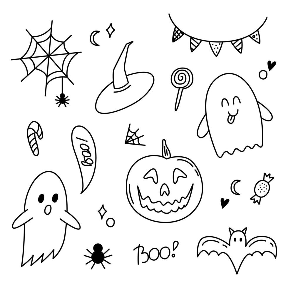 Halloween doodle set. Ghost, pumpkin, sweets, bat, web, spider, witch hat. Cartoon elements isolated on white background. Hand drawn outline vector illustration.