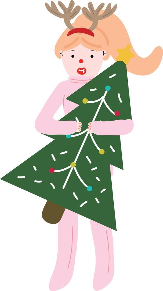 Christmas girl. Garlands, flags, labels, bubbles, ribbons and stickers. Collection of Merry Christmas decorative icons vector