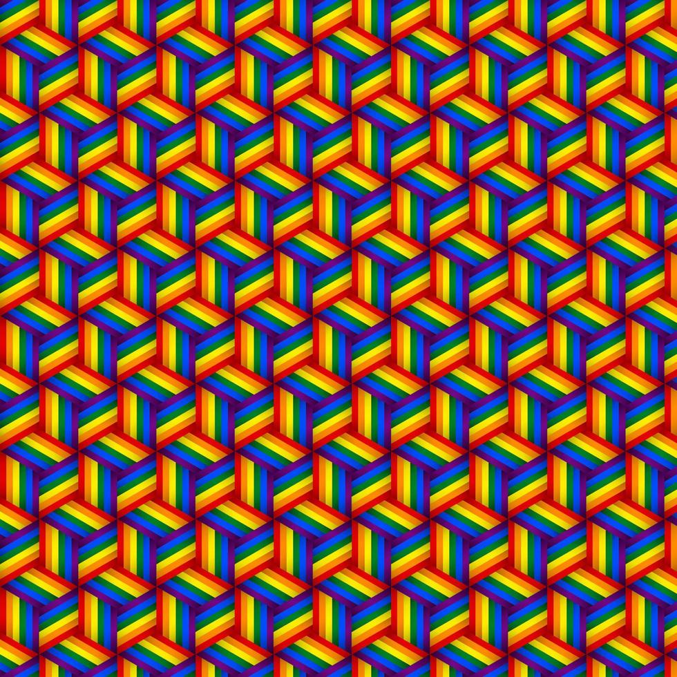 Vector illustration of wallpaper, background and flag with rainbow pattern. Geometric pattern of cubes with LGBT faces. Abstract geometric background.