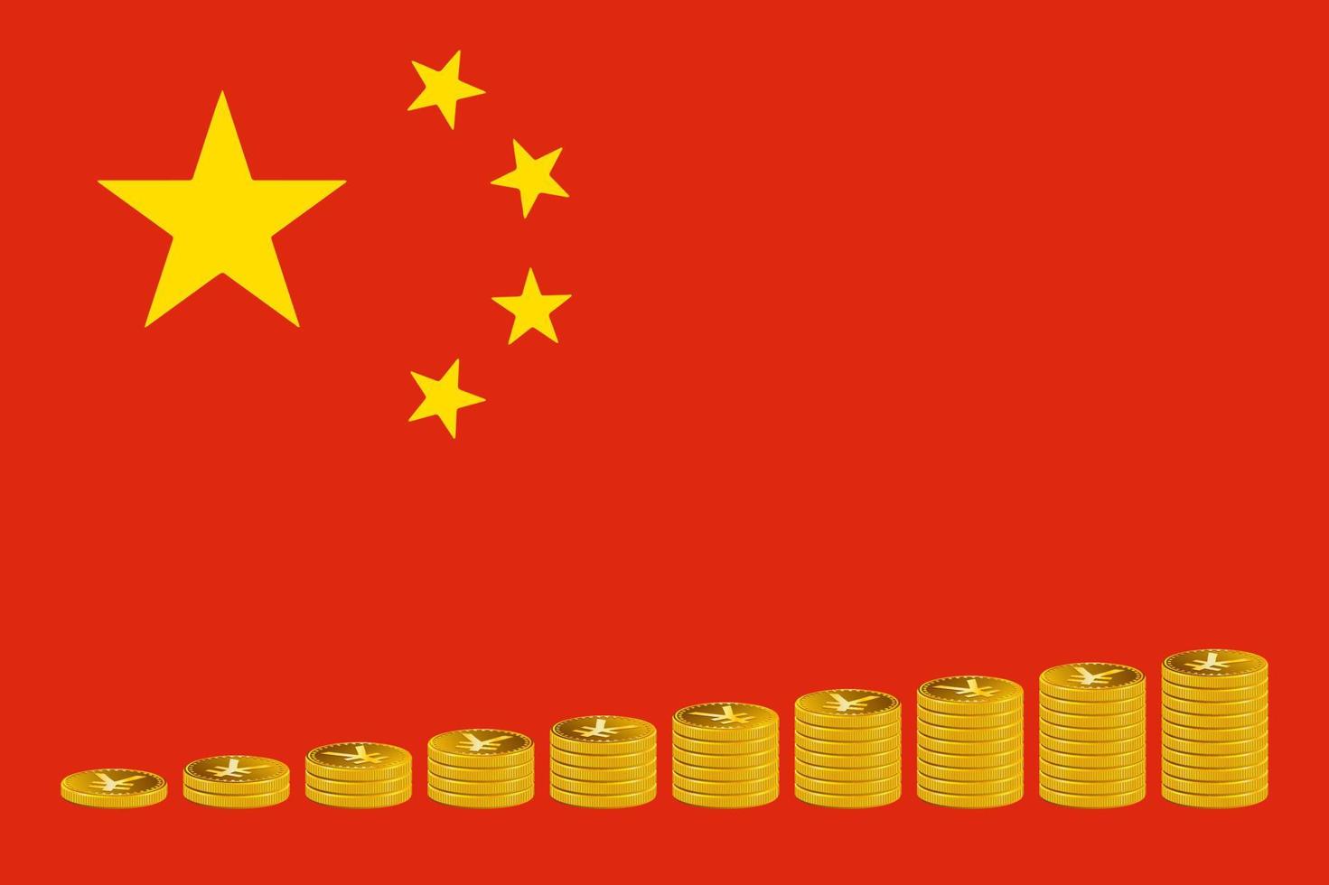 Stacks of Yuan coins in golden color on the background of the flag of China. vector