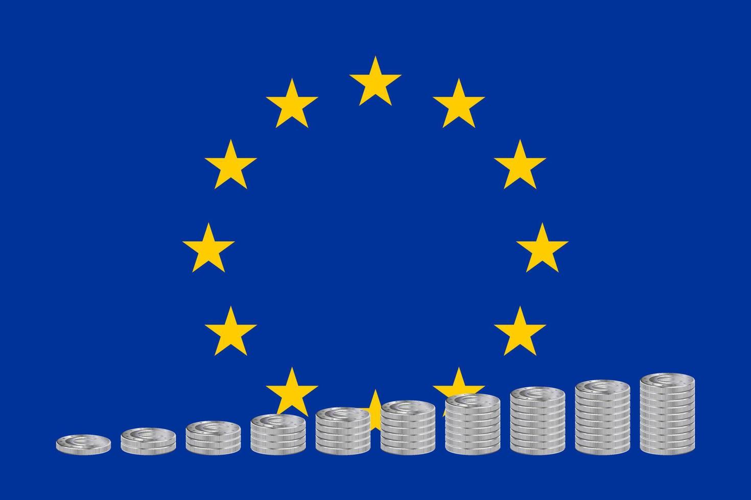 pilas de monedas de euro en color plata en el fondo de la bandera de la ue. vector